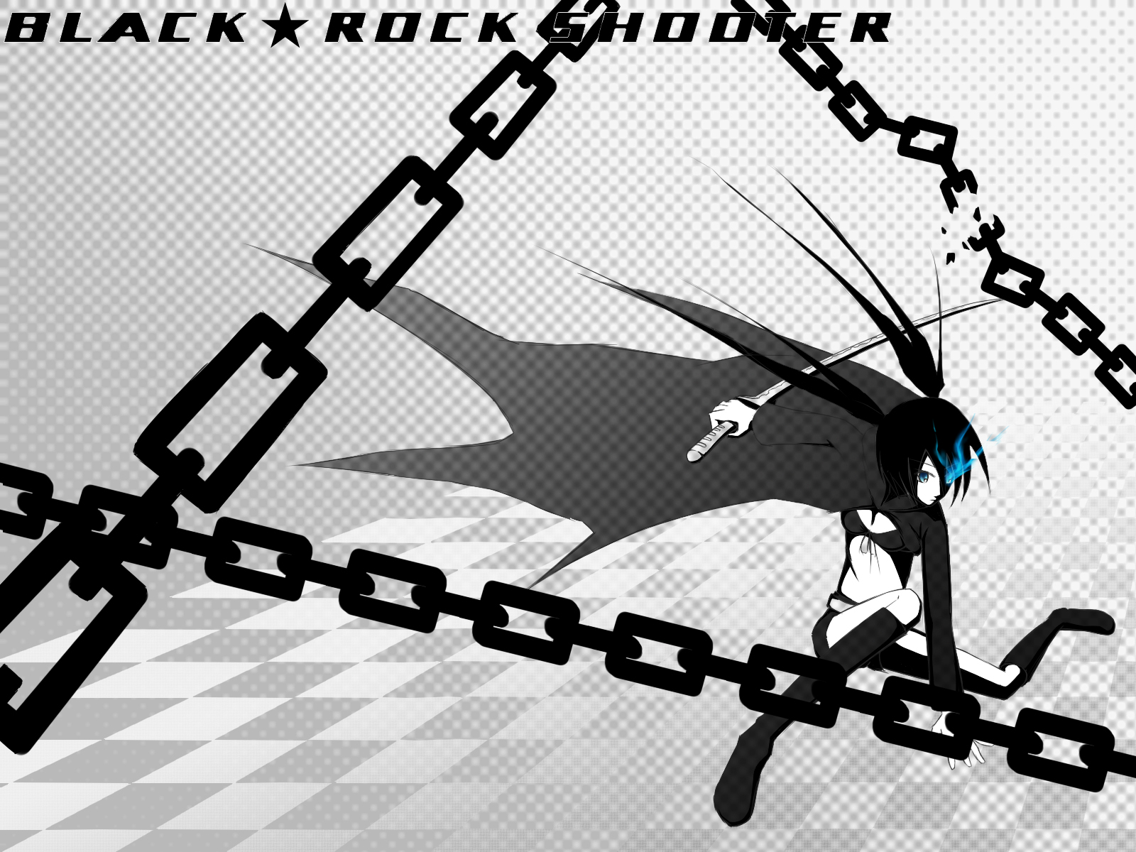 rayz, black rock shooter (character), black rock shooter, bad id, bad pixiv id, highres, 10s, 1girl, belt, bikini, bikini top only, black hair, blue eyes, boots, broken, broken chain, chain, checkered floor, coat, female focus, flat chest, front-tie top, gloves, glowing, glowing eyes, hood, hooded jacket, jacket, katana, knee boots, kneeling, long hair, midriff, monochrome, on one knee, pale skin, short shorts, shorts, solo, spot color, star (symbol), swimsuit, sword, twintails, uneven twintails, very long hair, weapon