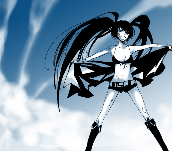 miko (yayamiko), black rock shooter (character), black rock shooter, bad id, bad pixiv id, 10s, 1girl, belt, bikini, bikini top only, black hair, blood, blue eyes, boots, bruise, cloud, coat, female focus, flat chest, front-tie top, hood, hooded jacket, injury, jacket, knee boots, long hair, midriff, monochrome, navel, pale skin, short shorts, shorts, smile, solo, swimsuit, twintails, uneven twintails, very long hair, wind