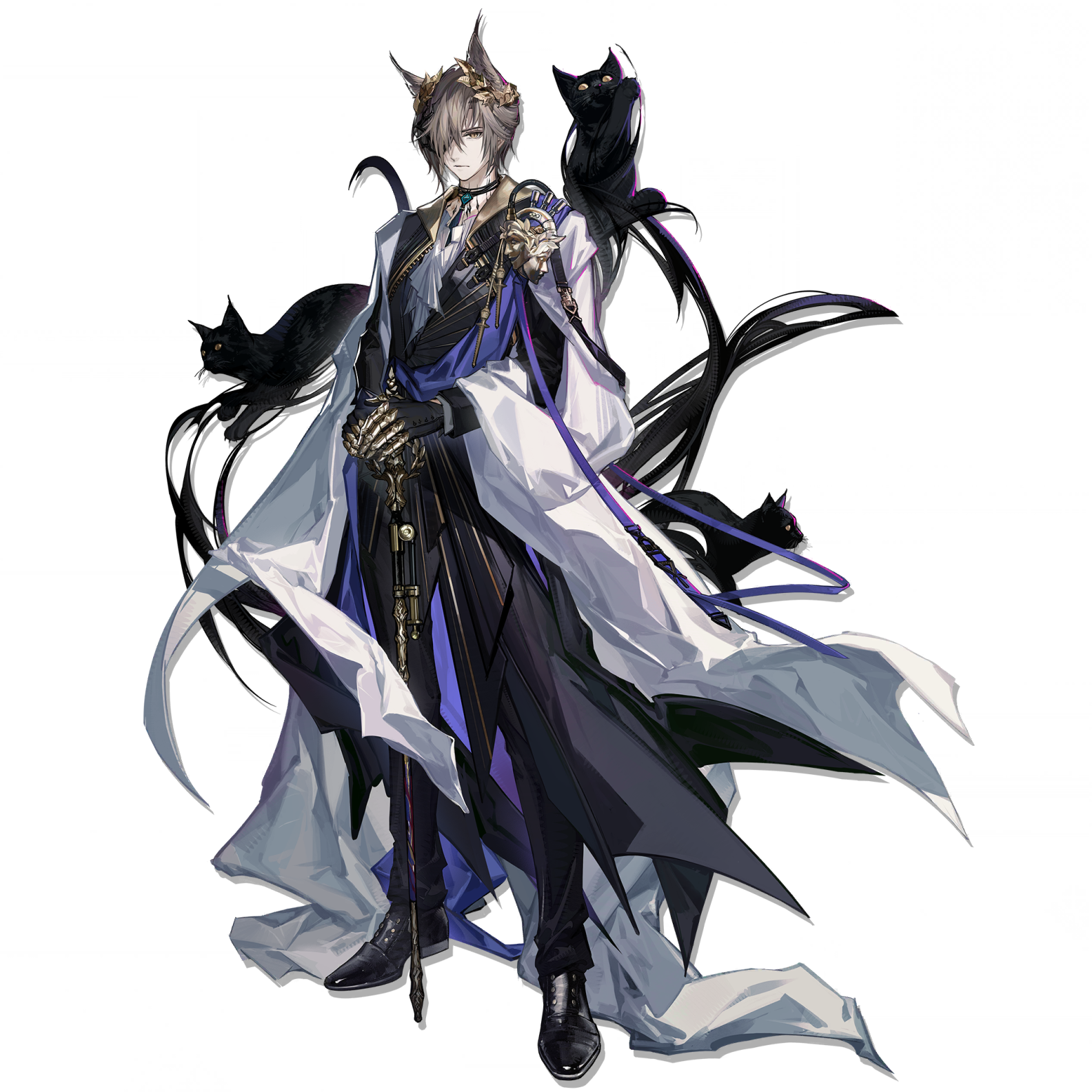 skade, infection monitor (arknights), phantom (arknights), tragodia (arknights), arknights, highres, official art, third-party source, 1boy, animal, animal ears, bishounen, black cat, black coat, black pants, black shoes, black theme, brown hair, cane, cat, cat boy, cat ears, cat tail, coat, formal clothes, full body, hair over one eye, hand on cane, laurel crown, looking at viewer, male focus, mask over one eye, official alternate costume, one eye covered, pants, planted, planted cane, shoes, short hair, simple background, solo, standing, tachi-e, tail, transparent background, yellow eyes