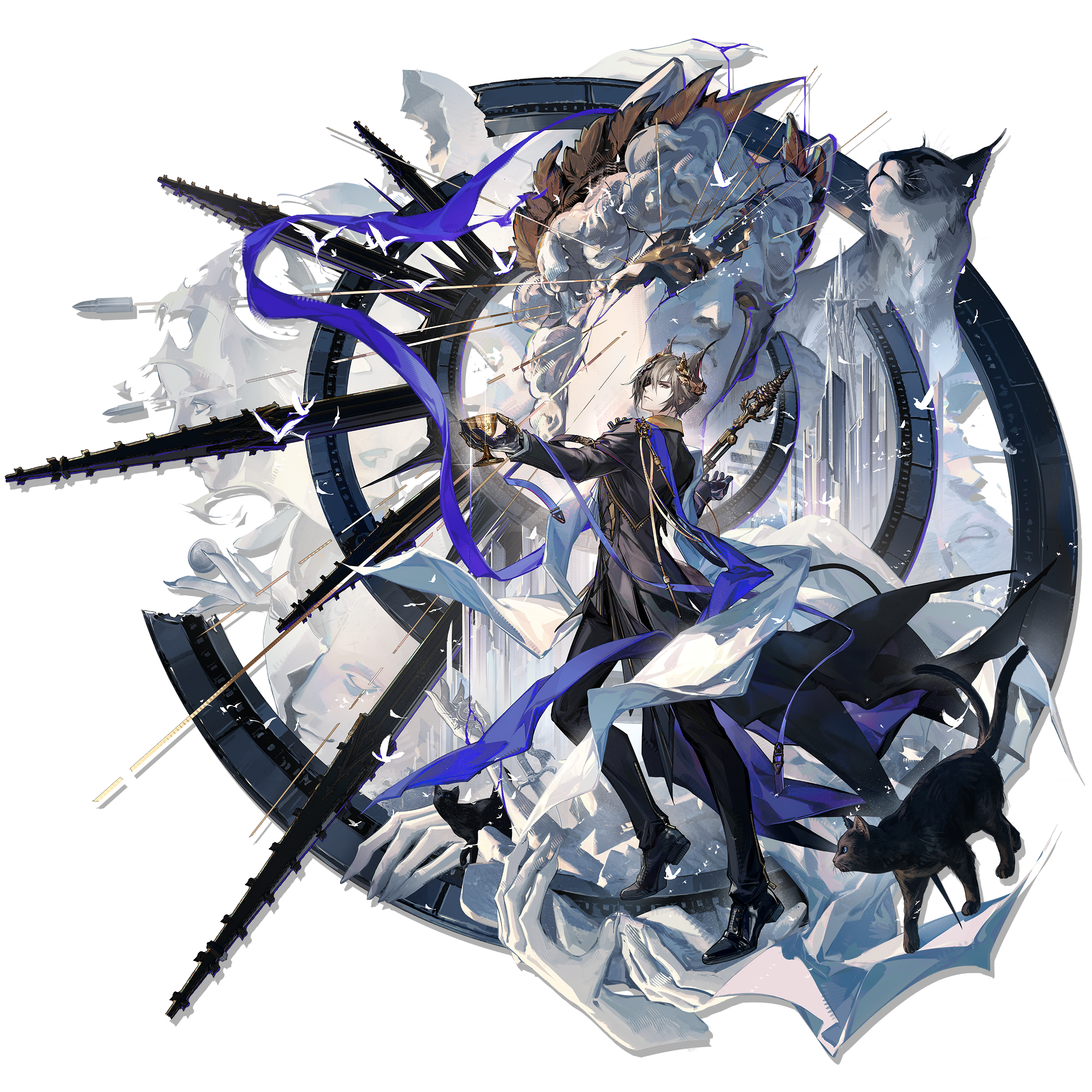 skade, lynx, miss christine (arknights), phantom (arknights), tragodia (arknights), arknights, absurdres, highres, official art, third-party source, 1boy, animal, animal ears, bishounen, black cat, black coat, black pants, black shoes, brown hair, cat, cat boy, cat ears, cat tail, chalice, coat, cup, formal clothes, full body, hair over one eye, holding, holding cup, laurel crown, looking at viewer, looking back, male focus, mask over one eye, nekomata, official alternate costume, outstretched arms, pants, shoes, short hair, simple background, solo, statue, tail, transparent background, yellow eyes