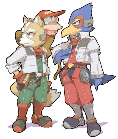 motohashi mari, diddy kong, falco lombardi, fox mccloud, donkey kong (series), nintendo, star fox, super smash bros., lowres, 2boys, furry, furry male, monkey, multiple boys
