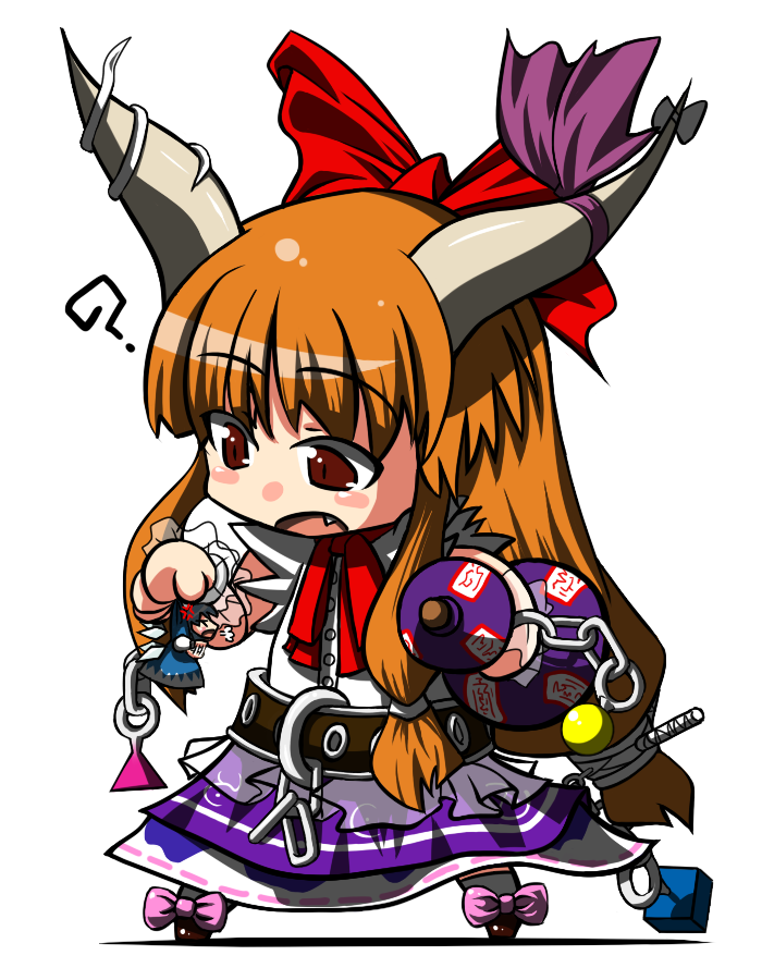 tai takeshi, cirno, ibuki suika, touhou, bad id, bad pixiv id, 2girls, ?, blue hair, dress, fang, female focus, horns, long hair, multiple girls, orange hair, ribbon, short hair, simple background, skirt, white background, wings