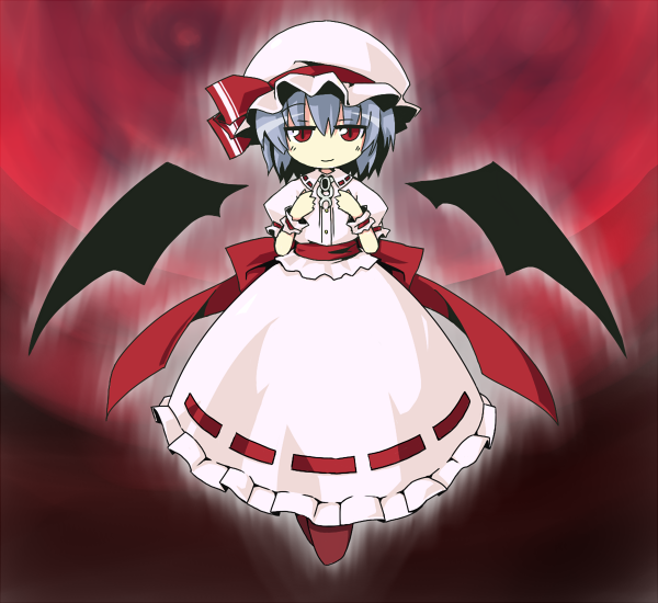 ane, remilia scarlet, touhou, bad id, bad pixiv id, 1girl, blue hair, chibi, female focus, full body, gradient background, hat, outdoors, ribbon, short hair, skirt, sky, solo, wings