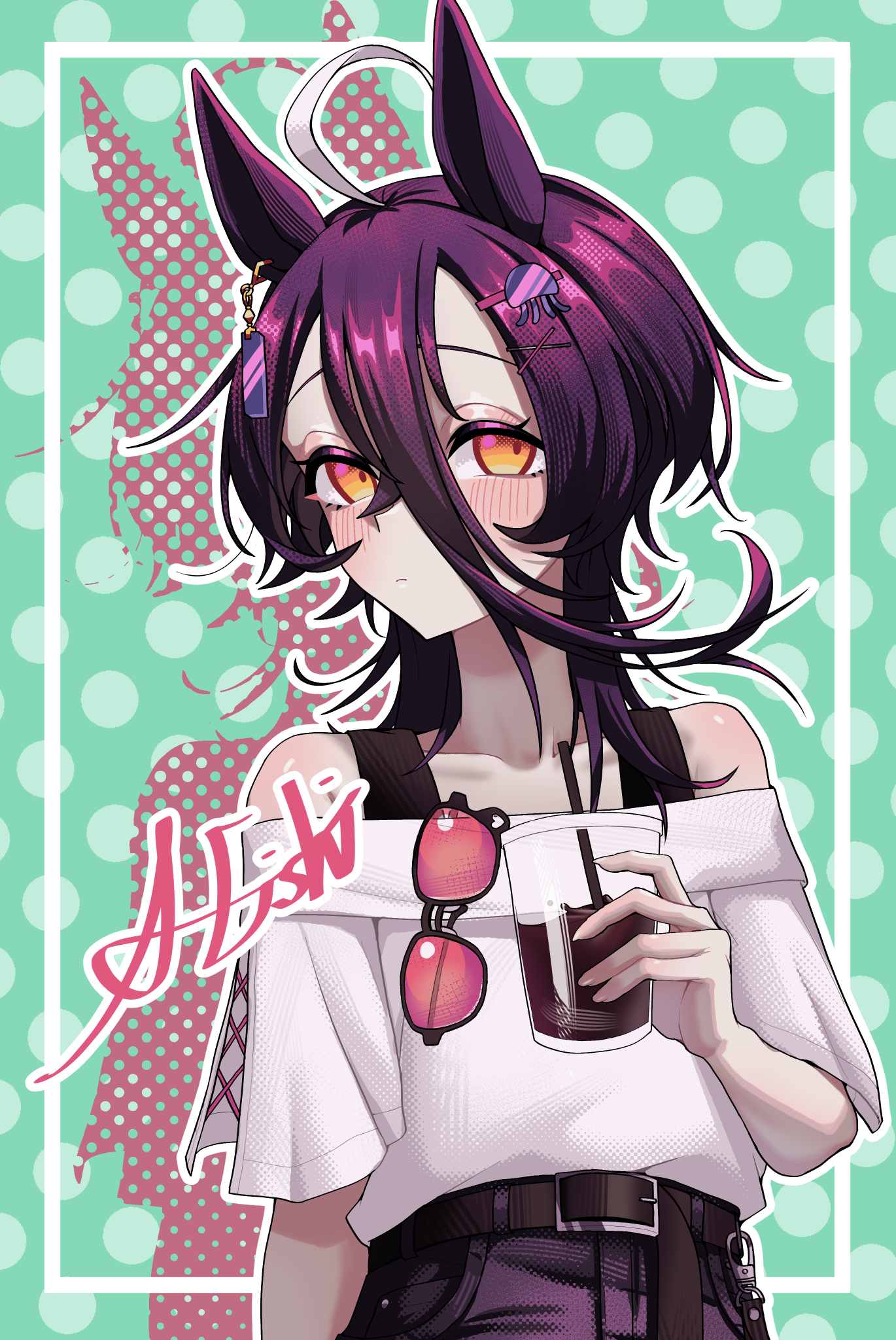 a4 (a4 eishi), manhattan cafe (umamusume), umamusume, commentary request, cropped, highres, variant set, 1girl, ahoge, animal ears, artist name, bare shoulders, belt, black belt, black hair, black shoes, black shorts, black sports bra, blush, bracelet, closed mouth, coffee, collarbone, cup, disposable cup, drinking straw, ear ornament, ear tag, earrings, hair between eyes, hair ornament, hairclip, hat, horse ears, horse girl, horse tail, jewelry, light frown, long bangs, long hair, long hair between eyes, multicolored hair, off-shoulder shirt, off shoulder, polka dot, polka dot background, red-tinted eyewear, shirt, shoes, shorts, signature, single earring, solo, sports bra, standing, sunglasses, tail, tinted eyewear, unworn eyewear, white hair, white shirt, yellow eyes