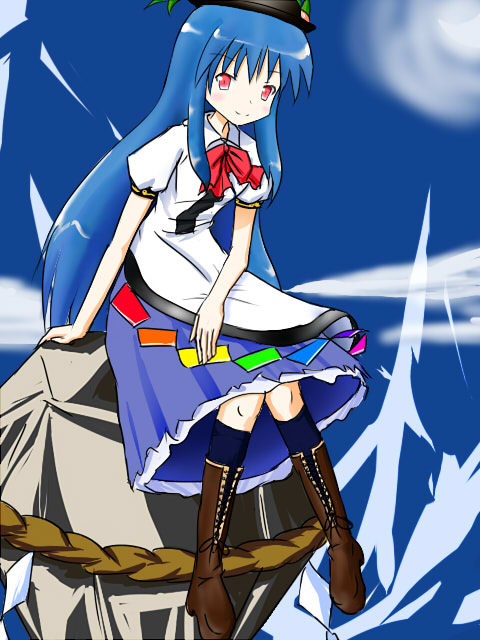morisaka (nue20), mrsk (pixiv), hinanawi tenshi, touhou, bad id, bad pixiv id, 1girl, blue hair, female focus, food, fruit, hat, long hair, peach, ribbon, solo