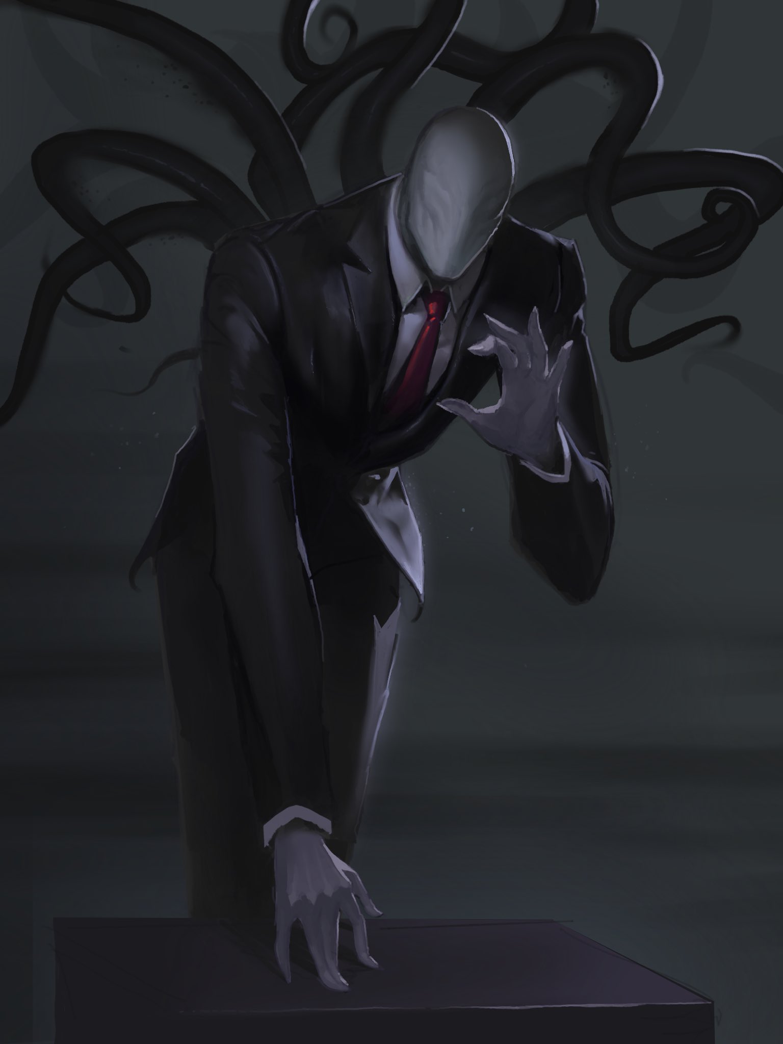 slender man, creepypasta, highres, 1other, ||/, black coat, black suit, black vest, coat, collared shirt, dark, deftnm, faceless, facing viewer, formal clothes, gloves, leaning forward, shirt, solo, suit, tentacles, vest, white gloves, white shirt