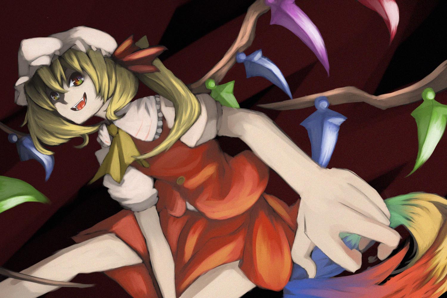 derurittoru, sasaharu, flandre scarlet, touhou, 1girl, bad anatomy, bad hands, bad proportions, blonde hair, fang, fangs, female focus, hat, ponytail, poorly drawn, ribbon, short hair, solo, wings