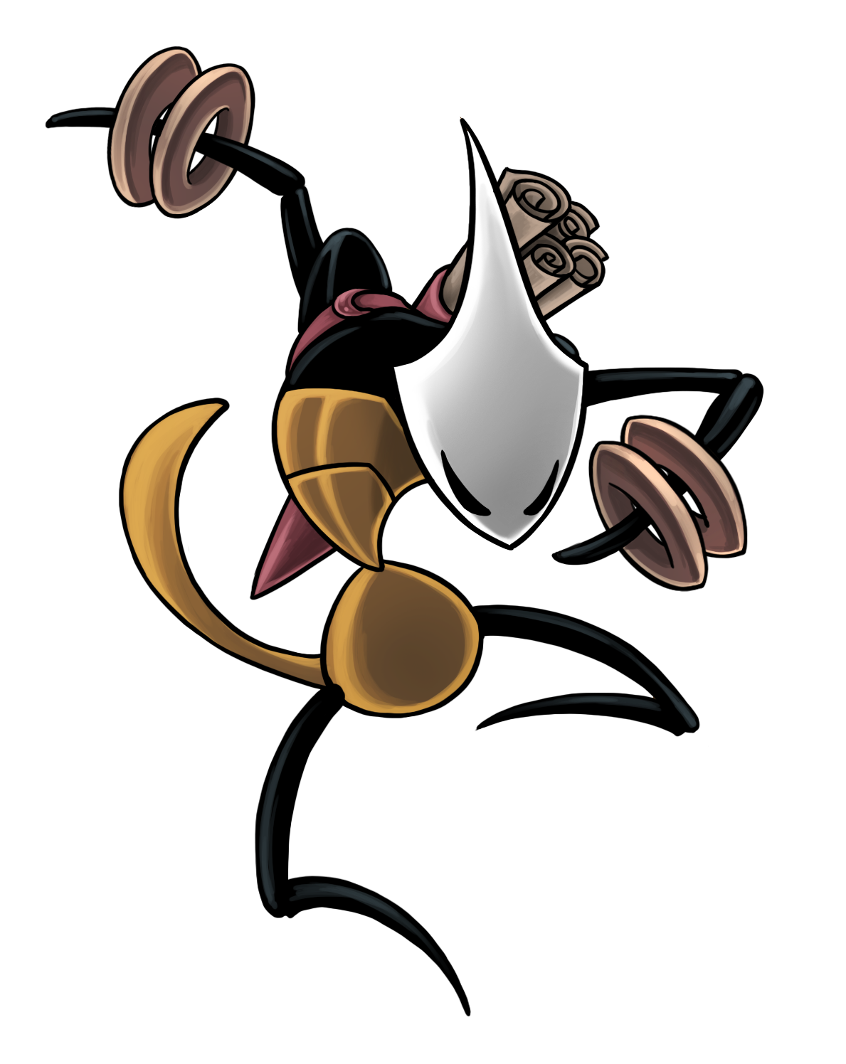 shakra (hollow knight), hollow knight, hollow knight: silksong, highres, official art, 1girl, ari gibson, bare shoulders, black skin, bracelet, bug, colored skin, full body, gold bracelet, hollow eyes, horned mask, jewelry, knee up, map, mask, paper roll, red bag, solo, transparent background, white mask