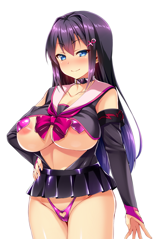 satou kuuki, soukou seiki ysphere, game cg, large variant set, non-web source, official art, variant set, 1girl, adapted costume, areola slip, ayazaki shizuku, black hair, black skirt, blue eyes, blush, bow, bowtie, breasts, bridal gauntlets, choker, closed mouth, clothing cutout, collar, collarbone, covered erect nipples, cowboy shot, detached sleeves, gradient hair, hair intakes, hair ornament, hairclip, hand on own hip, heart cutout, heart pasties, huge breasts, long hair, looking at viewer, micro panties, microskirt, miniskirt, multicolored hair, nose blush, panties, pasties, pink bow, pink bowtie, pink panties, pleated skirt, purple hair, revealing clothes, sailor collar, school uniform, skirt, smile, solo, thighhighs, transparent background, underwear