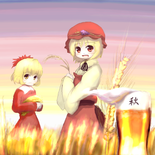 tsubasa (abchipika), aki minoriko, aki shizuha, touhou, lowres, 2girls, alcohol, beer, female focus, food, hair ornament, leaf hair ornament, multiple girls, siblings, sisters, wheat
