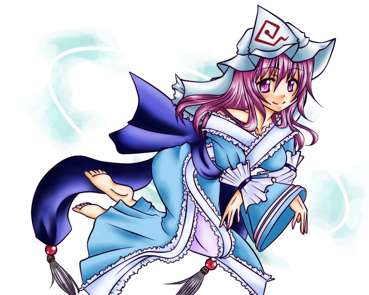 suou asuka, saigyouji yuyuko, touhou, 1girl, :d, barefoot, blush, breasts, female focus, floating, frills, hat, japanese clothes, kimono, large breasts, long hair, long sleeves, looking at viewer, open mouth, pink hair, short hair, smile, soles, solo, toes, triangular headpiece