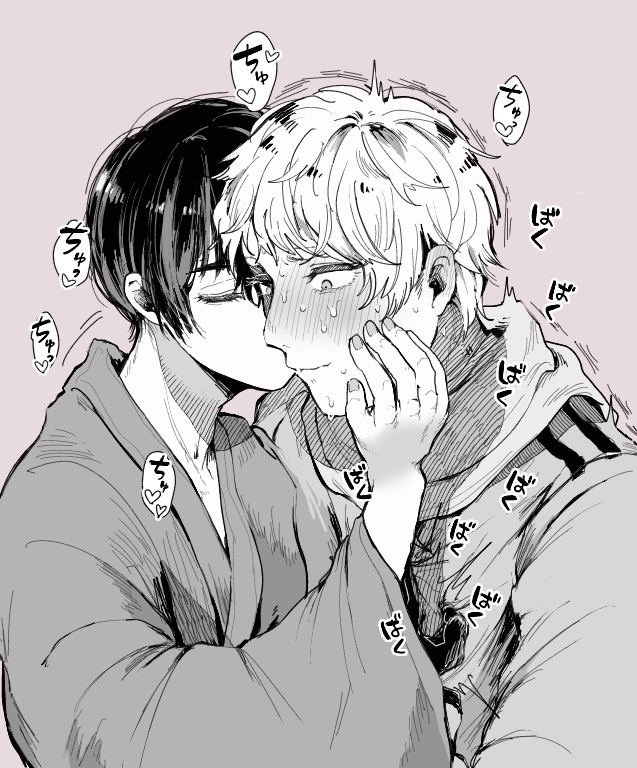 hachiware (user wwva4743), japan (hetalia), russia (hetalia), axis powers hetalia, commentary request, 2boys, blush, closed eyes, closed mouth, coat, fingernails, greyscale with colored background, hand on another's face, hand up, heart, japanese clothes, kimono, kiss, kissing cheek, long sleeves, looking down, male focus, multiple boys, pink background, scarf, short hair, simple background, sweat, trembling, upper body, wide sleeves, yaoi