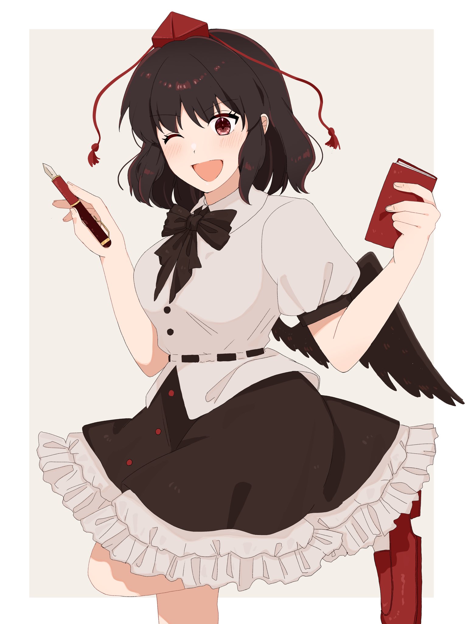 mati100311, shameimaru aya, touhou, commentary request, commission, highres, skeb commission, 1girl, bird wings, black bow, black bowtie, black wings, blush, bow, bowtie, breasts, brown hair, collared shirt, frilled skirt, frills, hat, leg up, looking at viewer, one eye closed, open mouth, red eyes, red hat, shirt, skirt, smile, solo, tokin hat, white shirt, wings