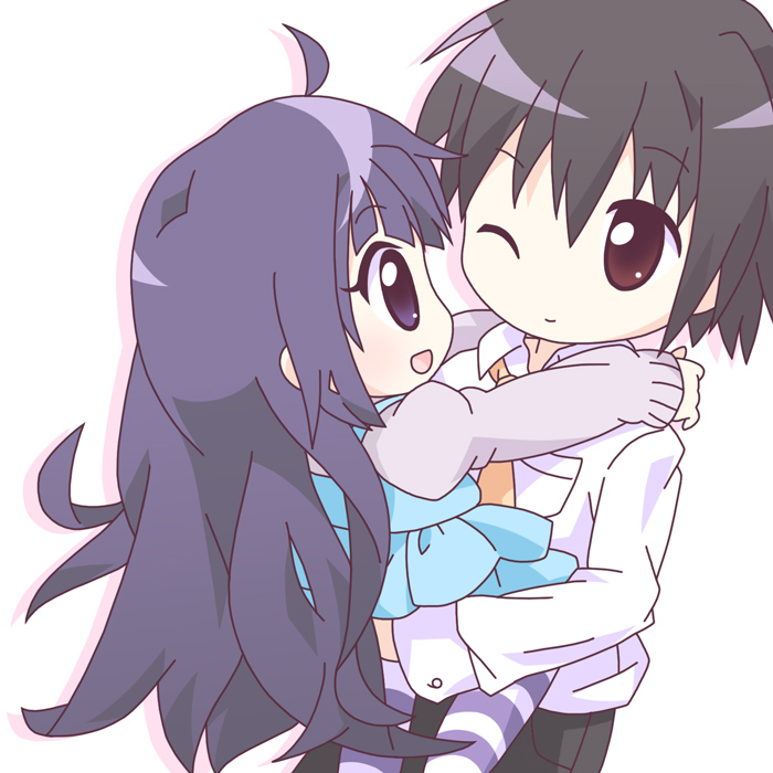mirai (sugar), kuhouin murasaki, kurenai shinkurou, kure-nai, kurenai, 00s, 1boy, 1girl, :d, ;o, ahoge, blush, carrying, chibi, cowboy shot, height difference, hetero, hug, long sleeves, one eye closed, open mouth, pants, parted lips, shirt, siblings, simple background, smile, white background, white shirt