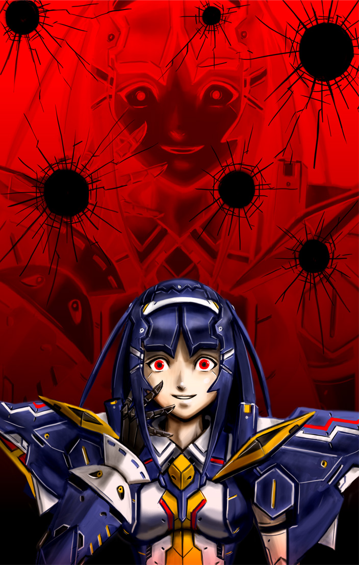 sushi (sashimise), ionia series, lisa (pso2), phantasy star, phantasy star online 2, 1girl, android, armor, black hair, breasts, bullet hole, crazy, crazy eyes, crazy smile, different zoom layer, hand on own face, hand up, joints, long hair, looking at viewer, medium breasts, metal hair, parted lips, projected inset, red background, red eyes, robot joints, shoulder armor, sidelocks, smile, solo, straight-on