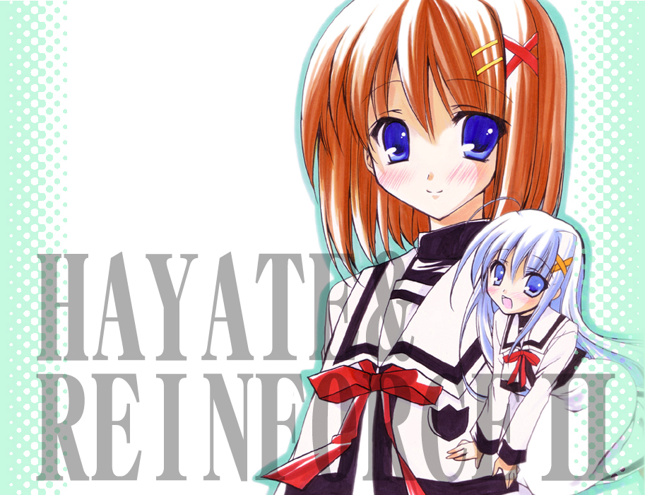 hayashi sakura, reinforce zwei, yagami hayate, lyrical nanoha, mahou shoujo lyrical nanoha, mahou shoujo lyrical nanoha strikers, silver hair, 00s, 2girls, blue eyes, character name, chibi, dress, hair ornament, long sleeves, looking at viewer, mini person, minigirl, multiple girls, orange hair, school uniform, short hair, size difference, upper body, white dress, x hair ornament