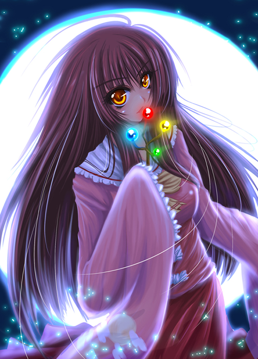 suzuneko (yume no kyoukai), houraisan kaguya, touhou, 1girl, black hair, branch, dress, female focus, full moon, glowing, glowing eyes, japanese clothes, jeweled branch of hourai, long hair, long sleeves, moon, orange eyes, sleeves past wrists, solo, very long hair