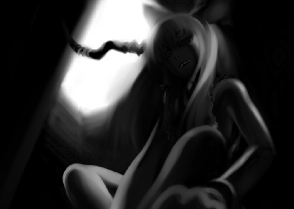 futon (kitsune tsuki), kitsune tsuki, ibuki suika, touhou, 1girl, dark, female focus, greyscale, monochrome, solo