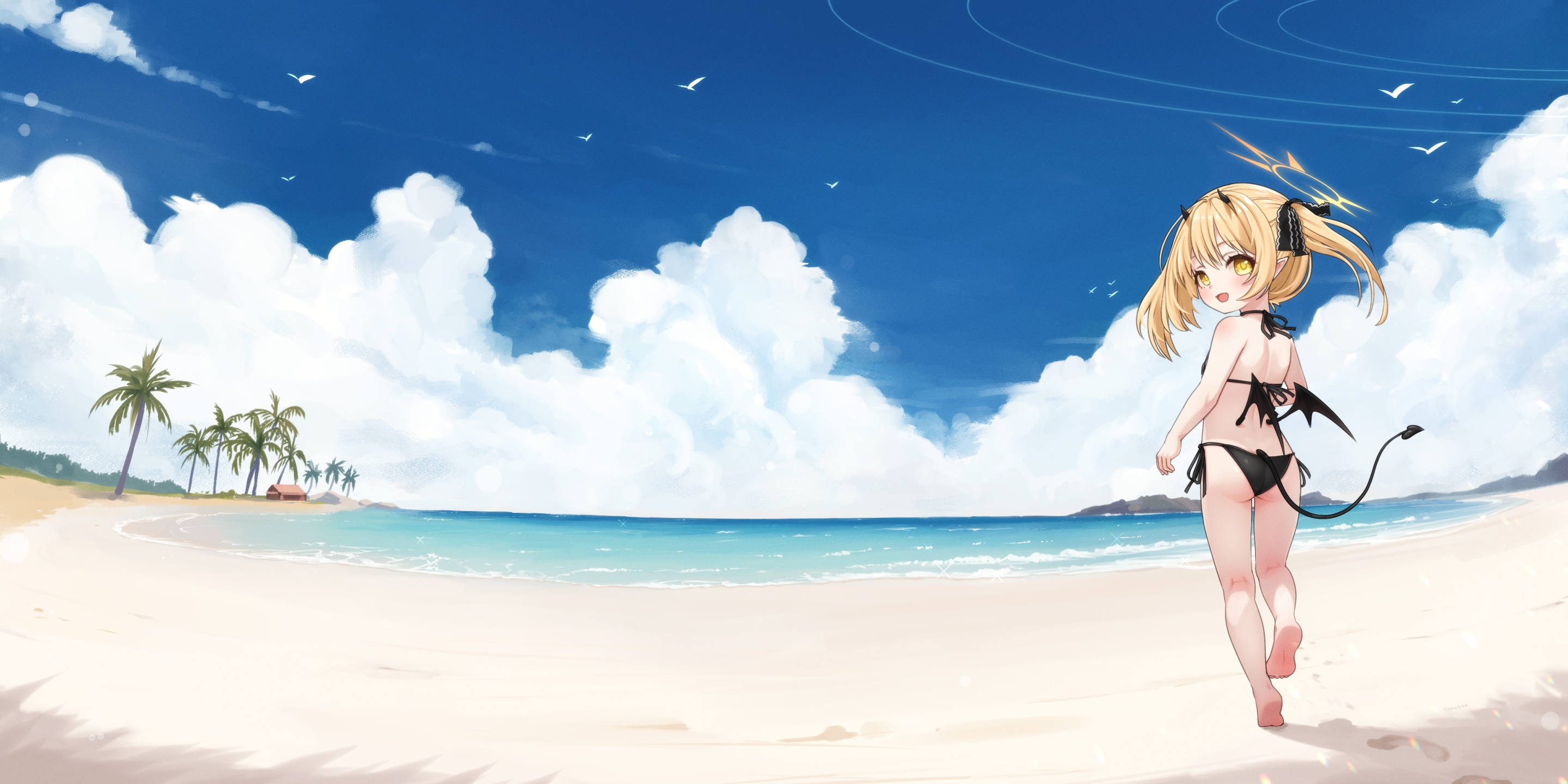 comodox, ibuki (blue archive), blue archive, commentary, english commentary, highres, paid reward available, 1girl, ass, barefoot, beach, bikini, black bikini, black wings, blonde hair, demon girl, demon horns, demon tail, demon wings, from behind, halo, horns, ocean, outdoors, side-tie bikini bottom, sky, soles, solo, swimsuit, tail, wide shot, wings, yellow eyes