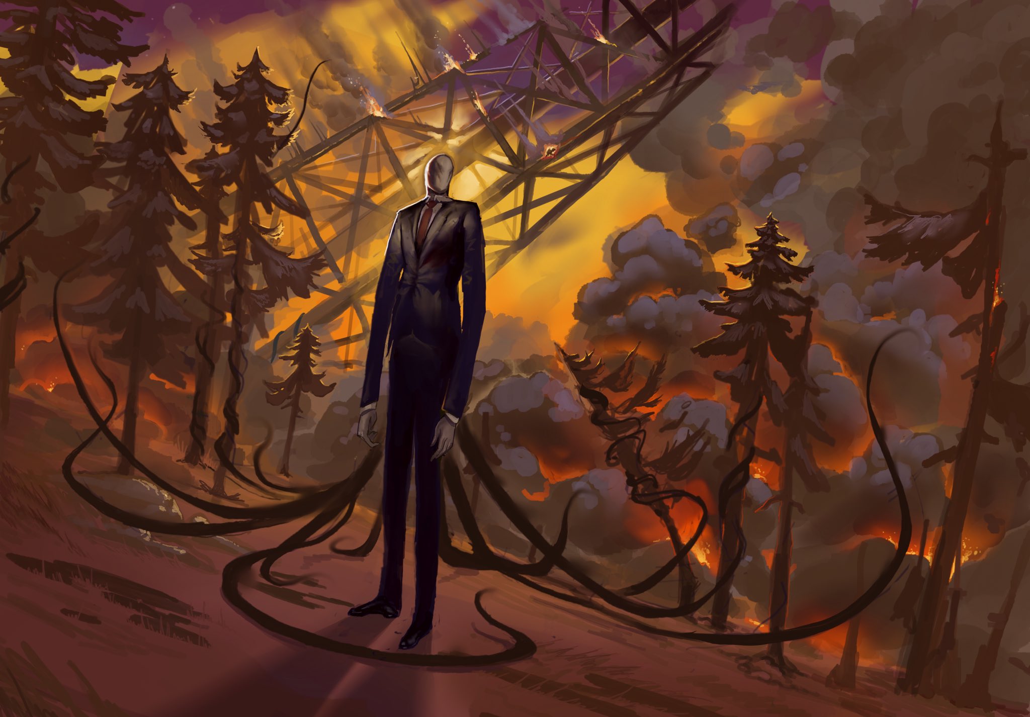 slender man, creepypasta, highres, 1other, black coat, black necktie, black suit, black vest, burning, coat, collared shirt, deftnm, embers, faceless, falling, forest, formal clothes, full body, nature, necktie, outdoors, radio tower, scenery, shadow, shirt, smoke, solo, standing, suit, tentacles, vest, white shirt