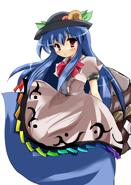 yuzuyunagi, hinanawi tenshi, touhou, 1girl, blue hair, blush, female focus, food, fruit, hat, long hair, peach, red eyes, ribbon, simple background, solo, standing, white background