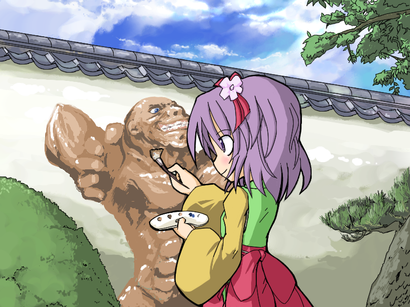 neki-t, hieda no akyuu, touhou, wall, 1girl, blue sky, cloud, day, female focus, flower, from behind, hair flower, hair ornament, hairpin, japanese clothes, kimono, long sleeves, outdoors, purple hair, short hair, sky, solo, statue, tassel, wide sleeves