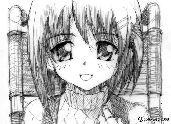 gofu, yagami hayate, lyrical nanoha, mahou shoujo lyrical nanoha, mahou shoujo lyrical nanoha a's, traditional media, 00s, 1girl, female focus, greyscale, hair ornament, monochrome, sketch, solo, x hair ornament