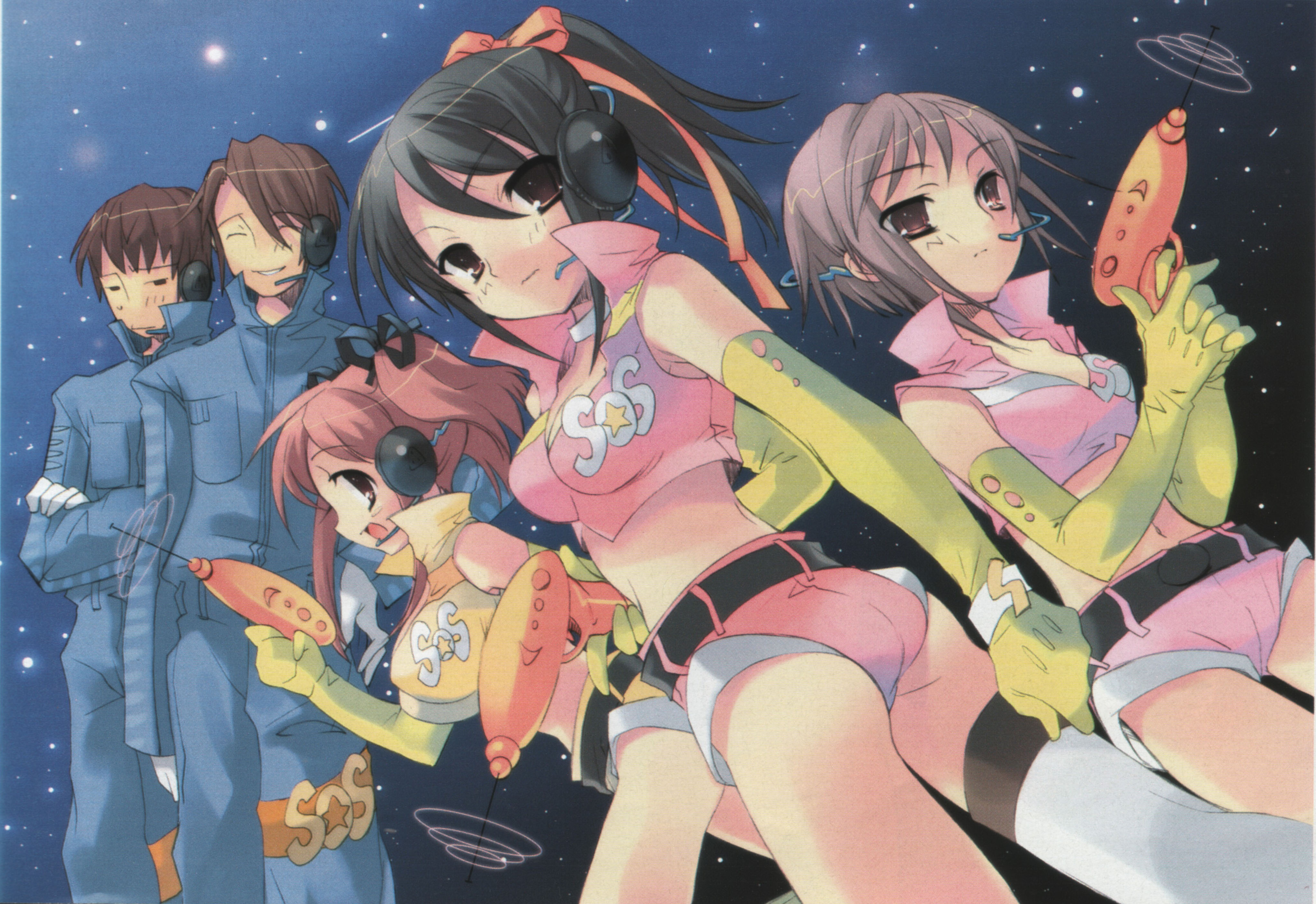 ito noizi, asahina mikuru, koizumi itsuki, kyon, nagato yuki, suzumiya haruhi, suzumiya haruhi no yuuutsu, absurdres, highres, 00s, 2boys, 3girls, energy gun, multiple boys, multiple girls, ray gun, short shorts, shorts, sos galactic patrol, thighhighs, weapon