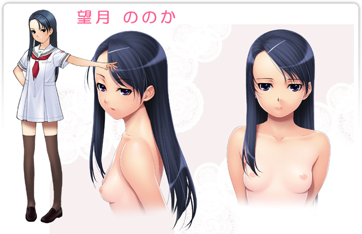 ino (magloid), mochizuki nonoka, mu soft, otome function, translated, 1girl, aged down, black hair, blue hair, breasts, dress, hair ornament, hairclip, long hair, nipples, purple eyes, reference sheet, sailor dress, school uniform, serafuku, thighhighs, topless female