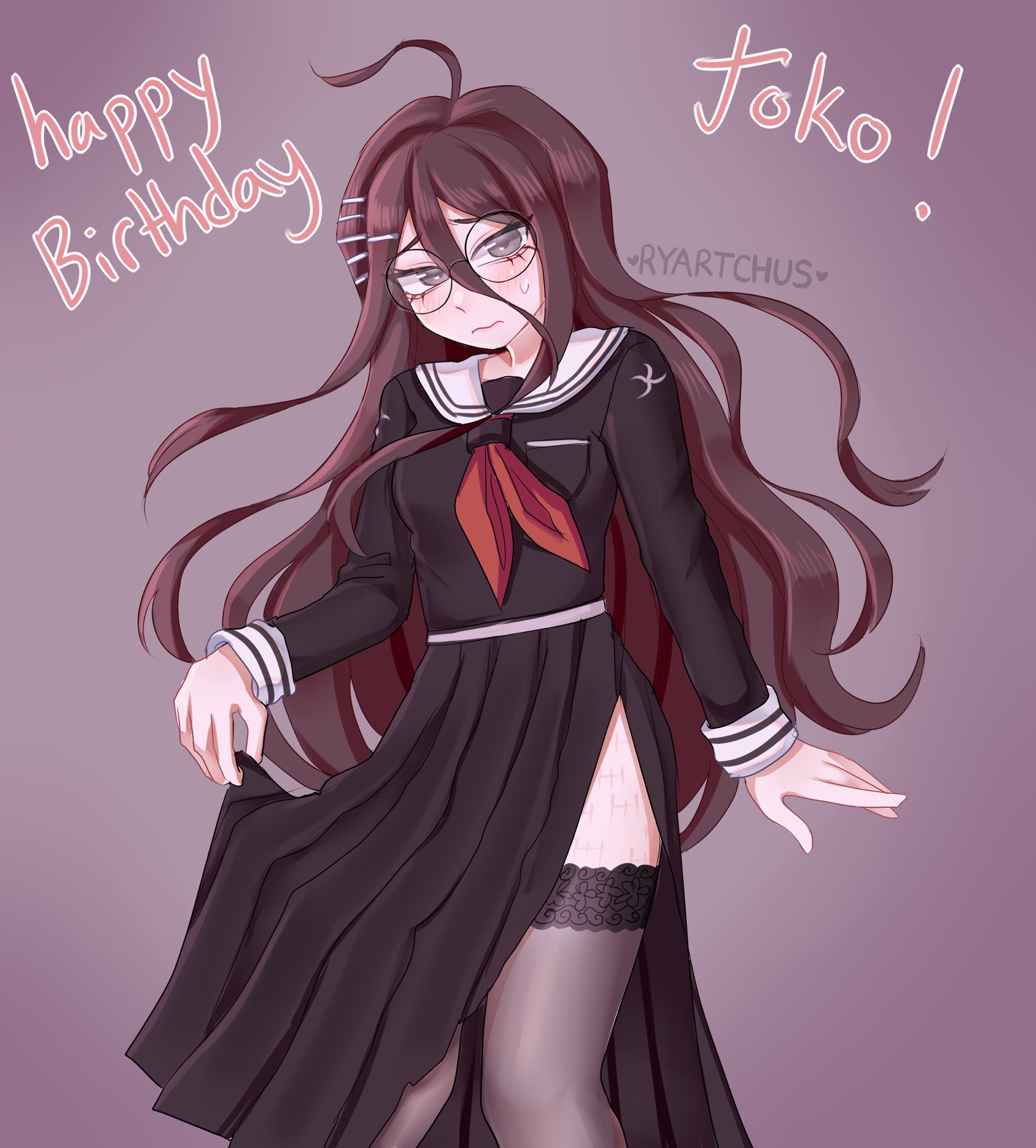 ryyy (ryartchus), fukawa toko, danganronpa (series), danganronpa another episode: ultra despair girls, commentary, english commentary, highres, 1girl, ahoge, artist name, black serafuku, black shirt, black skirt, blush, breast pocket, character name, closed mouth, collared shirt, english text, eyelashes, glasses, grey thighhighs, hair ornament, hairclip, happy birthday, long hair, long sleeves, neckerchief, pocket, purple background, purple eyes, red neckerchief, round eyewear, sailor collar, scar, scar on leg, school uniform, serafuku, shirt, skirt, solo, sweatdrop, tally, thighhighs, torn clothes, torn skirt, wavy mouth, white sailor collar