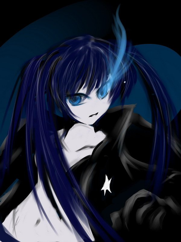 yaruku, black rock shooter (character), black rock shooter, vocaloid, bad id, bad pixiv id, 10s, 1girl, belt, bikini, bikini top only, black hair, blue eyes, coat, female focus, flat chest, front-tie top, gloves, glowing, glowing eyes, hood, hooded jacket, jacket, long hair, midriff, navel, pale skin, scar, shorts, solo, star (symbol), swimsuit, twintails, uneven twintails, very long hair