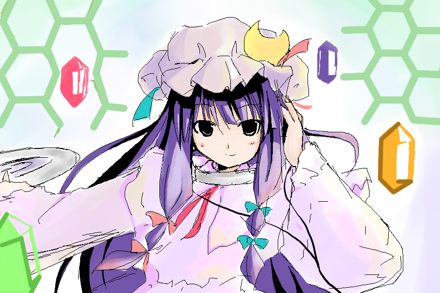 shichinose, patchouli knowledge, touhou, 1girl, crystal, female focus, hat, purple eyes, purple hair, solo, upper body