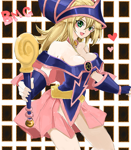tsuyu, dark magician girl, yu-gi-oh!, yu-gi-oh! duel monsters, 1girl, blonde hair, blush, breasts, duel monster, female focus, large breasts, long hair, pentacle, solo, staff