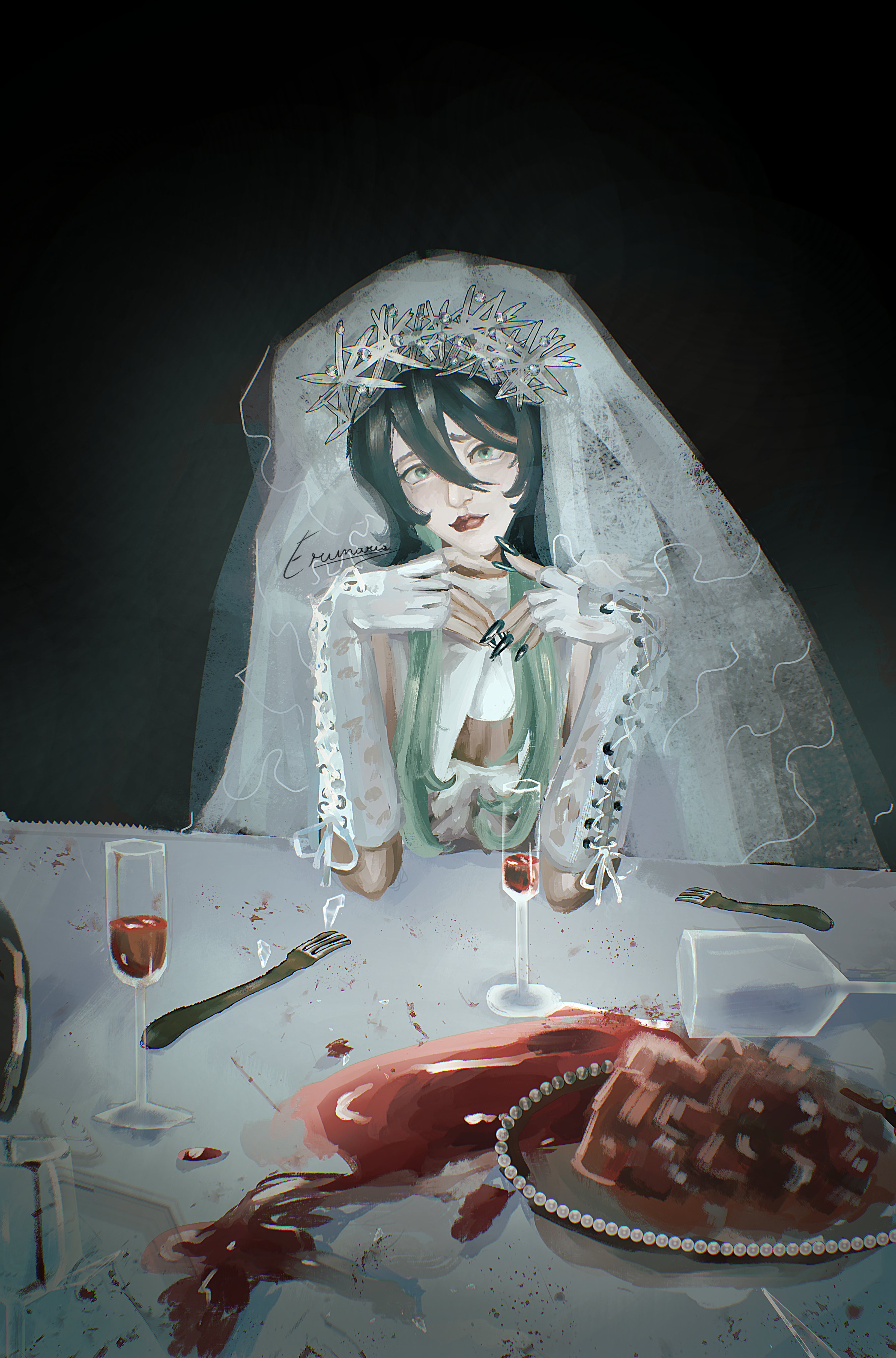 utsuro (gokurakugai), gokurakugai, absurdres, highres, 1girl, black hair, blood, blood on body, erunaria7, green eyes, green hair, green nails, long hair, simple background, wedding