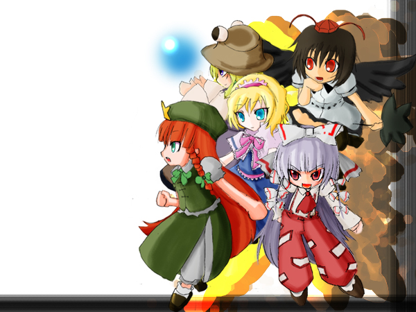 eimin, alice margatroid, fujiwara no mokou, hong meiling, moriya suwako, shameimaru aya, touhou, 5girls, black hair, blue eyes, braid, capelet, chibi, female focus, flying, full body, hairband, hat, long hair, multiple girls, ofuda, pants, red eyes, red hair, simple background, standing, suspenders, tokin hat, twin braids, very long hair, white background