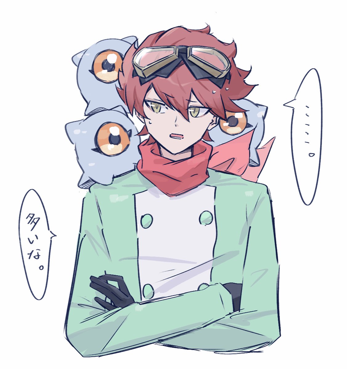 nagoshi, kuramon, yuuki dan, digimon, digimon story: time stranger, highres, 1boy, brown hair, crossed arms, goggles, green jacket, jacket, simple background, speech bubble, upper body, white background
