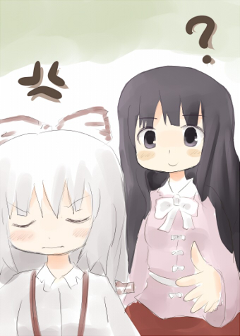 nonbiri, fujiwara no mokou, houraisan kaguya, touhou, bad id, bad pixiv id, lowres, 2girls, ?, black hair, female focus, multiple girls, tsundere, white hair