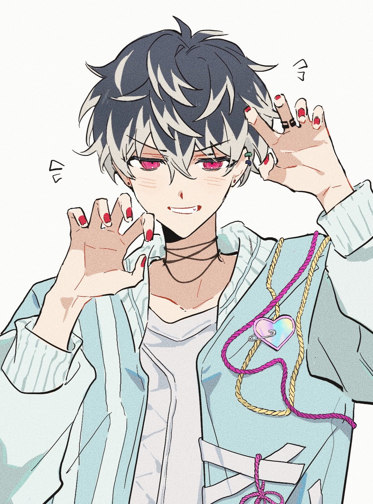 fantasticfish, momo (idolish7), idolish7, highres, 1boy, black hair, blue jacket, brooch, claw pose, colored tips, cross, cross necklace, crossed bangs, earrings, fang, grin, hair between eyes, jacket, jewelry, long sleeves, looking at viewer, multicolored hair, multiple earrings, nail polish, necklace, open clothes, open jacket, pink eyes, ribbed cuffs, ring, safety pin, shirt, short hair, smile, solo, streaked hair, upper body, white background, white shirt, white streaks