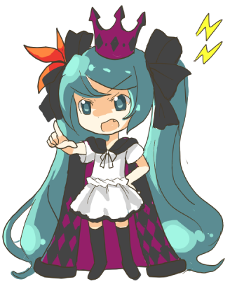 urate (mearo), hatsune miku, vocaloid, world is mine (vocaloid), lowres, cape, chibi, crown, fang, green eyes, green hair, hat, long hair, pointing, purple crown, solo, thighhighs, twintails, very long hair