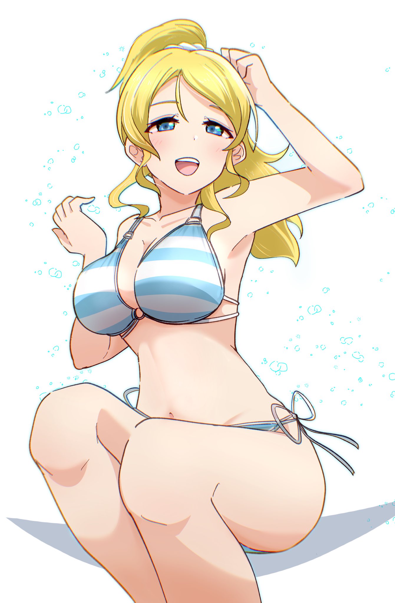 yunite68, ayase eli, love live!, love live! school idol festival, hashtag-only commentary, highres, 1girl, bikini, blonde hair, blue bikini, blue eyes, blush, breasts, collarbone, large breasts, long hair, looking at viewer, navel, open mouth, side-tie bikini bottom, sidelocks, simple background, sitting, smile, solo, striped bikini, striped clothes, swimsuit, teeth, thighs, upper teeth only, white background