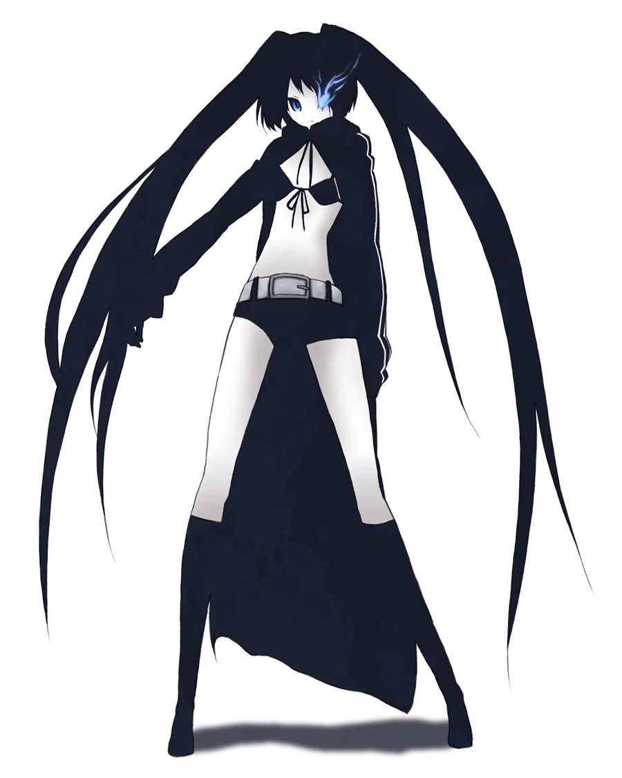 natsuki heru, black rock shooter (character), black rock shooter, vocaloid, bad id, bad pixiv id, 10s, 1girl, belt, bikini, bikini top only, black boots, black hair, blue eyes, boots, cloak, coat, female focus, flat chest, front-tie top, full body, gloves, glowing, glowing eyes, hair over one eye, hood, hooded jacket, jacket, knee boots, long hair, midriff, monochrome, navel, pale skin, short shorts, shorts, solo, spot color, swimsuit, twintails, uneven twintails, very long hair