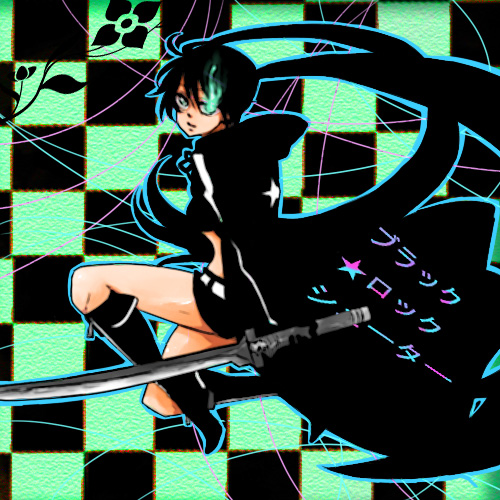 mario (gkmario), black rock shooter (character), hatsune miku, black rock shooter, vocaloid, bad id, bad pixiv id, lowres, 10s, 1girl, belt, bikini, bikini top only, black hair, boots, cloak, coat, female focus, flat chest, front-tie top, full body, gloves, glowing, glowing eyes, green eyes, hood, hooded jacket, jacket, katana, knee boots, long hair, midriff, short shorts, shorts, solo, star (symbol), swimsuit, sword, twintails, uneven twintails, very long hair, weapon, zipper