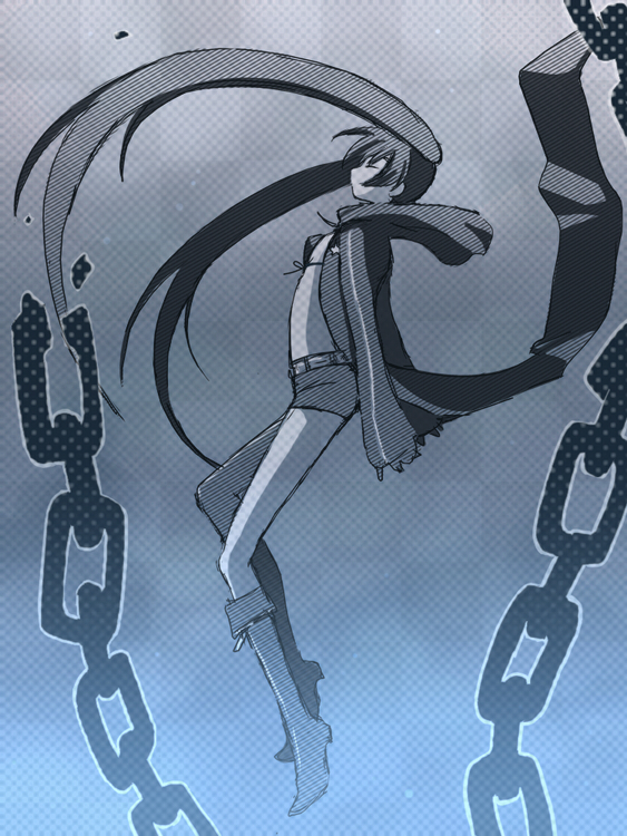 guutara, tobirankai, black rock shooter (character), hatsune miku, black rock shooter, vocaloid, bad deviantart id, bad id, 10s, 1girl, belt, bikini, bikini top only, black hair, blue eyes, boots, chain, cloak, closed eyes, coat, female focus, flat chest, floating, front-tie top, full body, gloves, hood, hooded jacket, jacket, knee boots, long hair, midriff, monochrome, pale skin, short shorts, shorts, solo, star (symbol), swimsuit, twintails, uneven twintails, very long hair, zipper