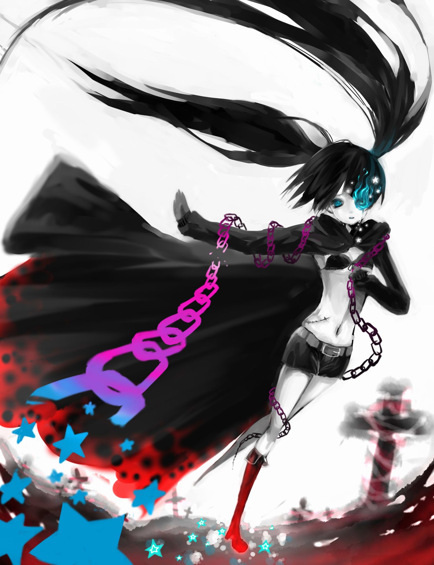 chome (pixiv), potetomayone zu, black rock shooter (character), hatsune miku, black rock shooter, vocaloid, bad id, bad pixiv id, highres, 10s, 1girl, belt, bikini, bikini top only, black hair, blue eyes, boots, chain, coat, cross, female focus, flat chest, front-tie top, gloves, glowing, glowing eye, glowing eyes, hood, hooded jacket, jacket, knee boots, latin cross, long hair, midriff, navel, pale skin, scar, short shorts, shorts, solo, star (symbol), stitches, swimsuit, tears, twintails, uneven twintails, very long hair, wind