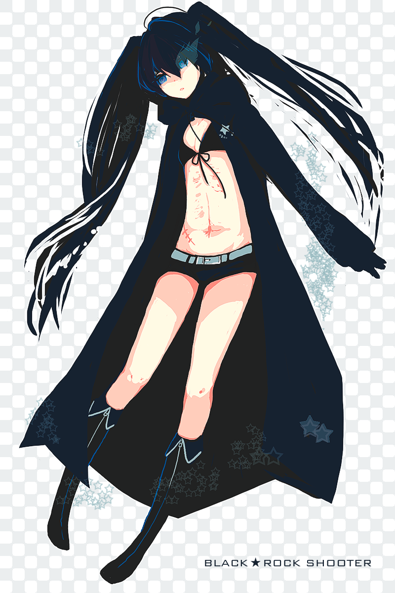 sanzenhatsuka, black rock shooter (character), hatsune miku, black rock shooter, vocaloid, bad id, bad pixiv id, highres, 10s, 1girl, belt, bikini, bikini top only, black hair, blue eyes, boots, coat, female focus, flat chest, front-tie top, full body, gloves, glowing, glowing eyes, hood, hooded jacket, jacket, knee boots, long hair, midriff, navel, scar, short shorts, shorts, solo, star (symbol), swimsuit, twintails, uneven twintails, very long hair