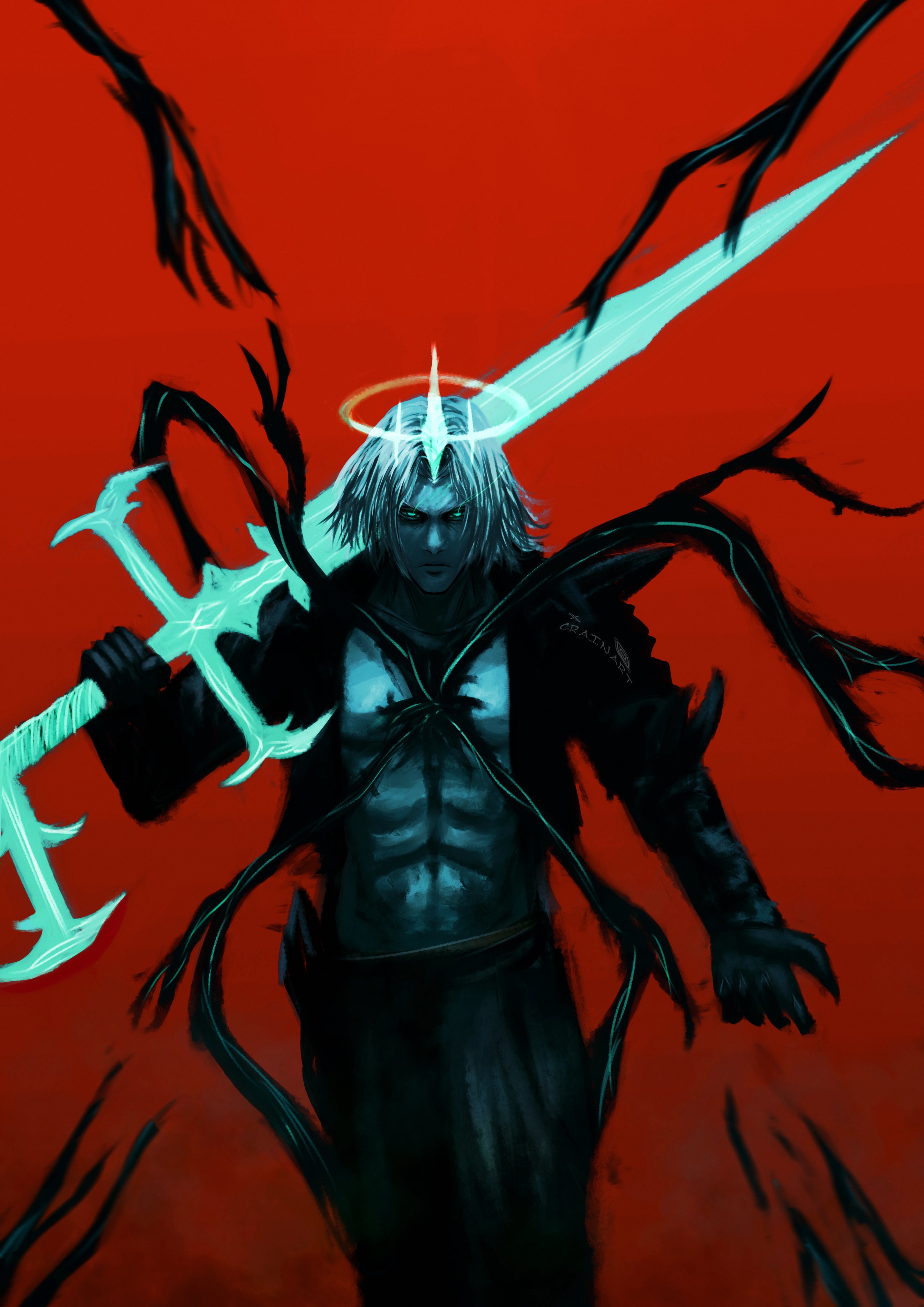 crain1art, viego (league of legends), league of legends, absurdres, highres, 1boy, abs, black coat, blue eyes, blue skin, coat, color contrast, colored skin, corruption, feet out of frame, glowing, halo, looking at viewer, male focus, open clothes, open coat, over shoulder, pectorals, red background, serious, solo, sword, sword over shoulder, weapon, weapon over shoulder