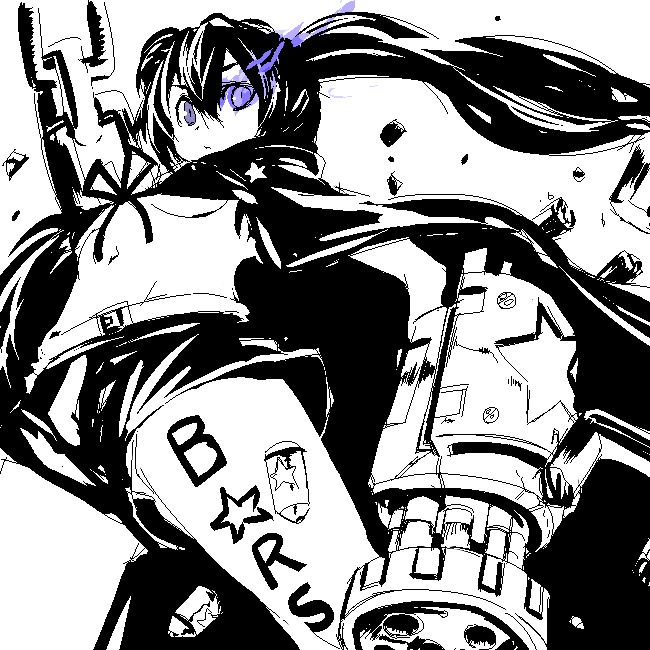 shirow (crazy), shirow (pixiv), black rock shooter (character), hatsune miku, black rock shooter, vocaloid, bad id, bad pixiv id, 10s, 1girl, arm cannon, belt, bikini, bikini top only, black hair, blue eyes, breasts, broken, broken chain, bullet, chain, cloak, coat, debris, female focus, from below, front-tie top, glowing, glowing eyes, greyscale, gun, hood, hooded jacket, huge weapon, jacket, long hair, looking down, midriff, monochrome, navel, pale skin, purple eyes, short shorts, shorts, small breasts, solo, spot color, star (symbol), swimsuit, twintails, underboob, uneven twintails, very long hair, weapon, wind