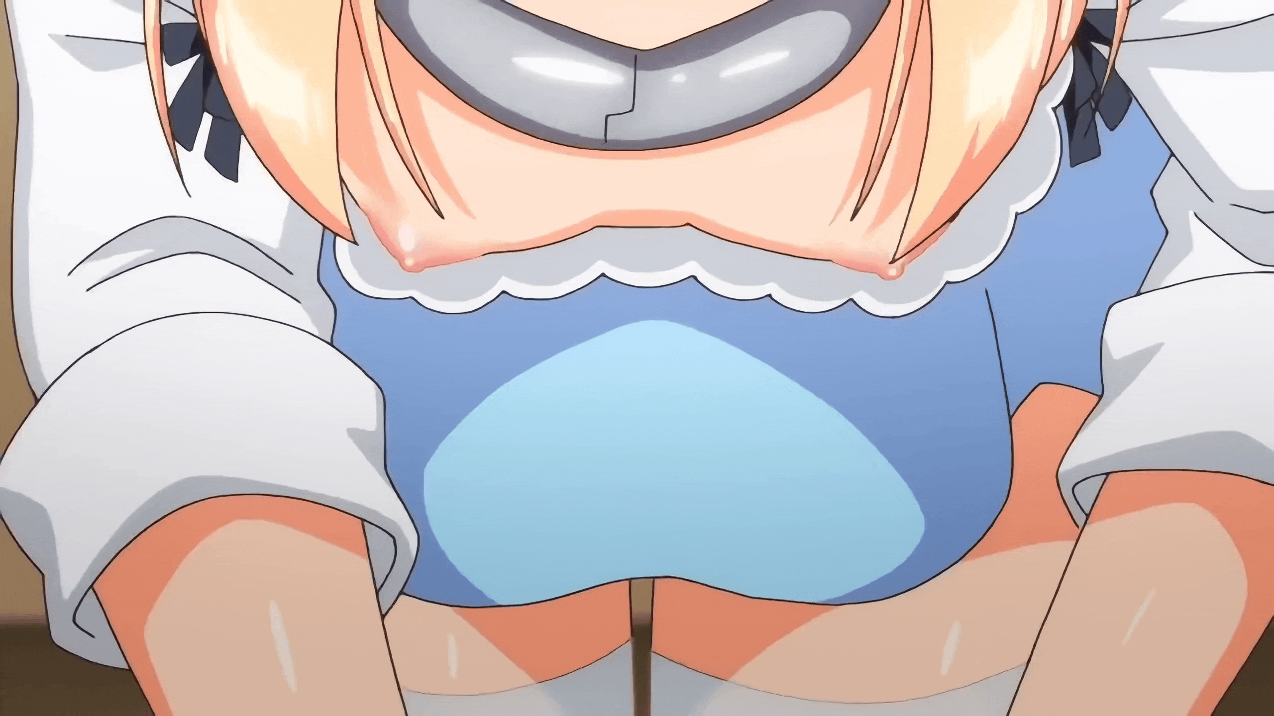 chise (ichiri), boku no risou no isekai seikatsu, mary jane, animated, animated gif, anime screenshot, highres, 1girl, blonde hair, blush, breasts, collar, dress, fox girl, nipples, open mouth, small breasts, subtitled