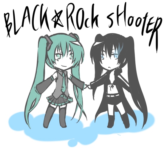 black rock shooter (character), hatsune miku, black rock shooter, vocaloid, bad id, bad pixiv id, 10s, 2girls, :<, aqua hair, belt, bikini, bikini top only, black hair, blue eyes, boots, chibi, coat, detached sleeves, flat chest, front-tie top, gloves, glowing, glowing eyes, green hair, holding hands, hood, hooded jacket, jacket, knee boots, long hair, midriff, multiple girls, necktie, pale skin, shorts, skirt, smile, star (symbol), swimsuit, thigh boots, thighhighs, time paradox, twintails, uneven twintails, very long hair