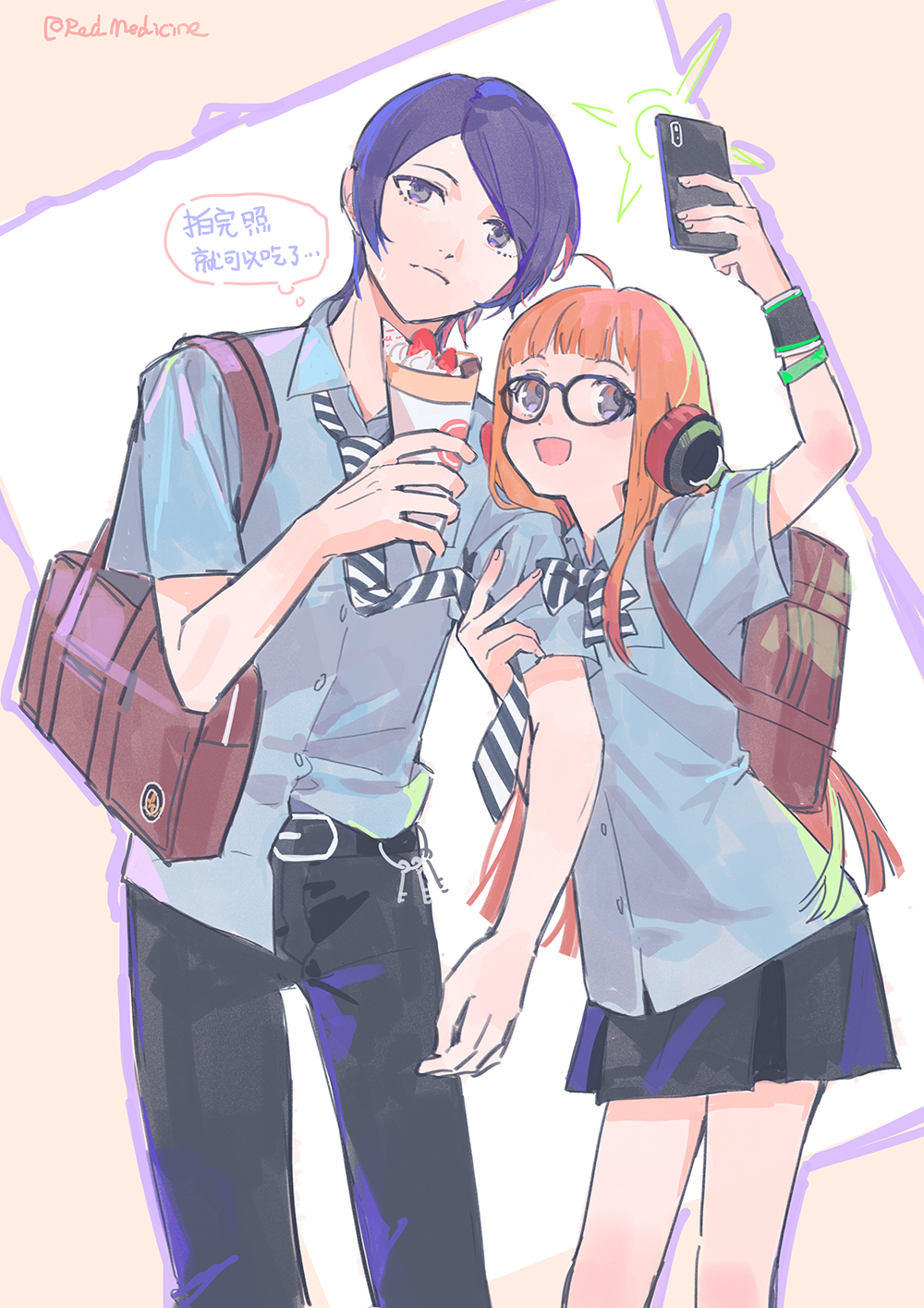 red medicine, kitagawa yuusuke, sakura futaba, persona, persona 5, chinese commentary, commentary request, highres, translation request, 1boy, 1girl, ahoge, arm up, bag, belt, black-framed eyewear, black necktie, black pants, black skirt, blue eyes, blue hair, blue shirt, blunt bangs, brown bag, camera flash, cellphone, chinese text, closed mouth, cream background, crepe, dress shirt, feet out of frame, food, glasses, grabbing another's arm, headphones, height difference, hetero, holding, holding crepe, holding food, holding phone, key, keyring, kosei high school uniform, long hair, looking at phone, necktie, orange hair, pants, parted bangs, phone, pixiv username, pleated skirt, purple eyes, school bag, school uniform, selfie, shirt, short hair, short sleeves, sidelocks, skirt, smartphone, speech bubble, striped necktie, taking picture, thought bubble, two-tone background, two-tone necktie, white background, white necktie